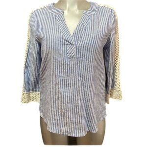 Rafaella 100% Linen Tunic Top Coastal Striped V Neck Crochet Small Nautical Boho
